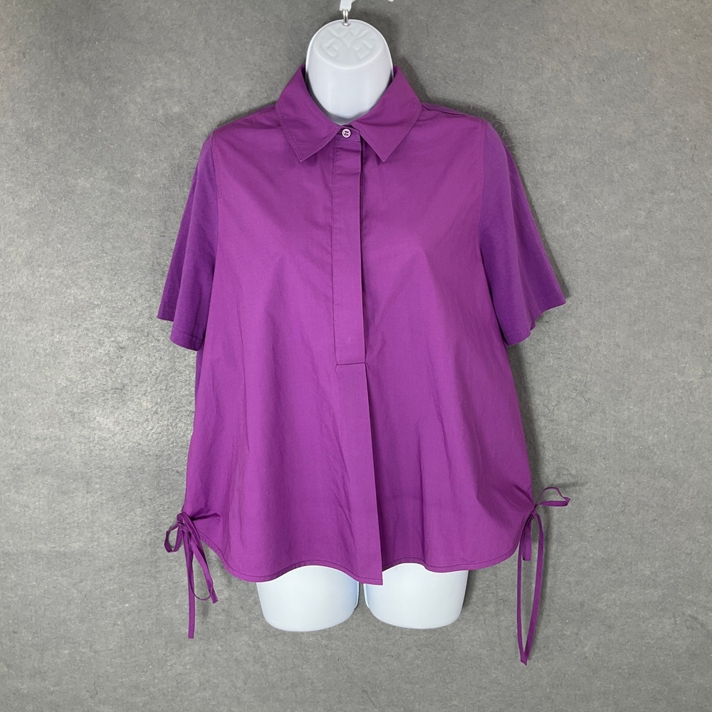 COS Purple Cotton Top Short Sleeve Tie Detail Blouse Artsy Bold Casual XS